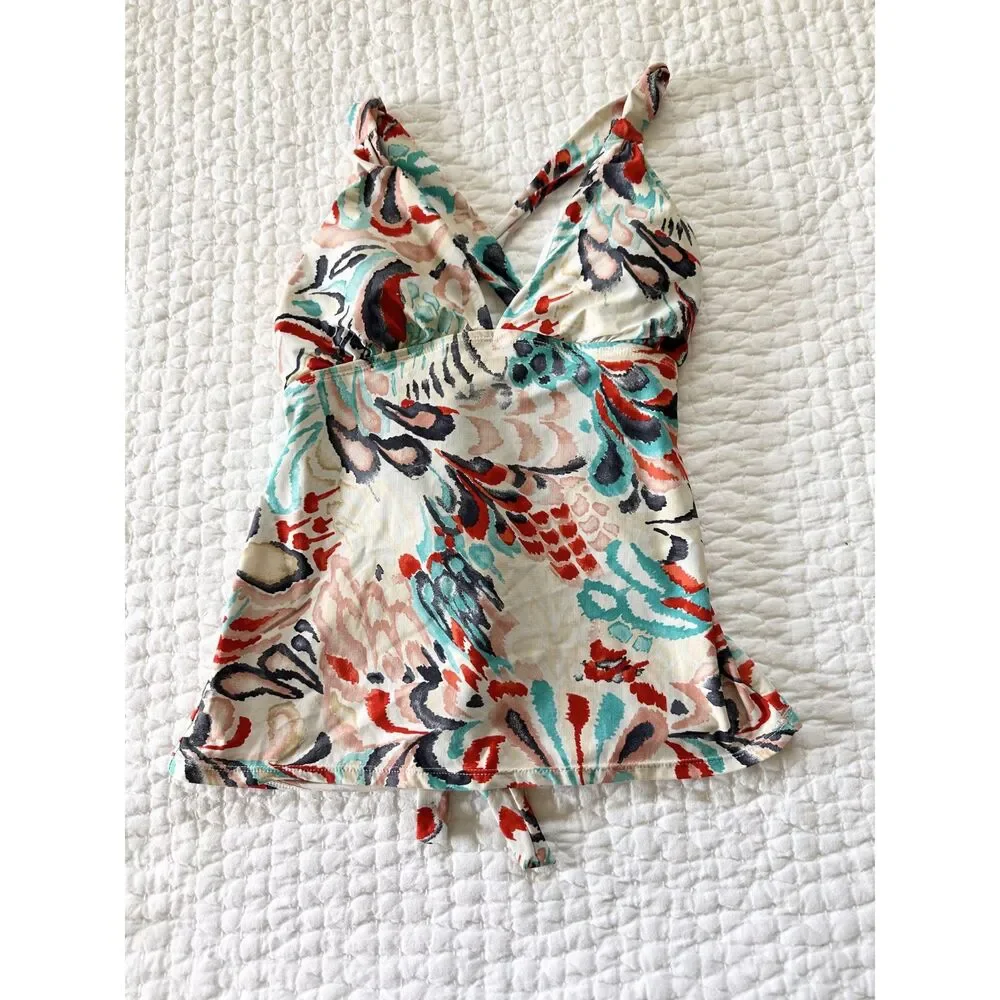 Women’s Floral Tankini Swim Top Tie Back Halter Multicolor Beach Boho Size S/M?